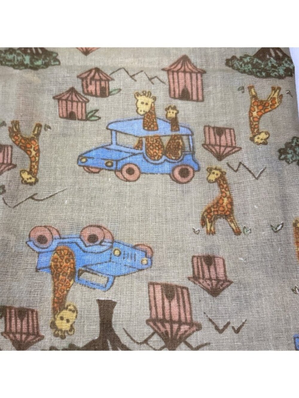 Giraffe Print Cotton Fabric 18x44 Retro Safari Village Blue Cars Pink Huts Fun